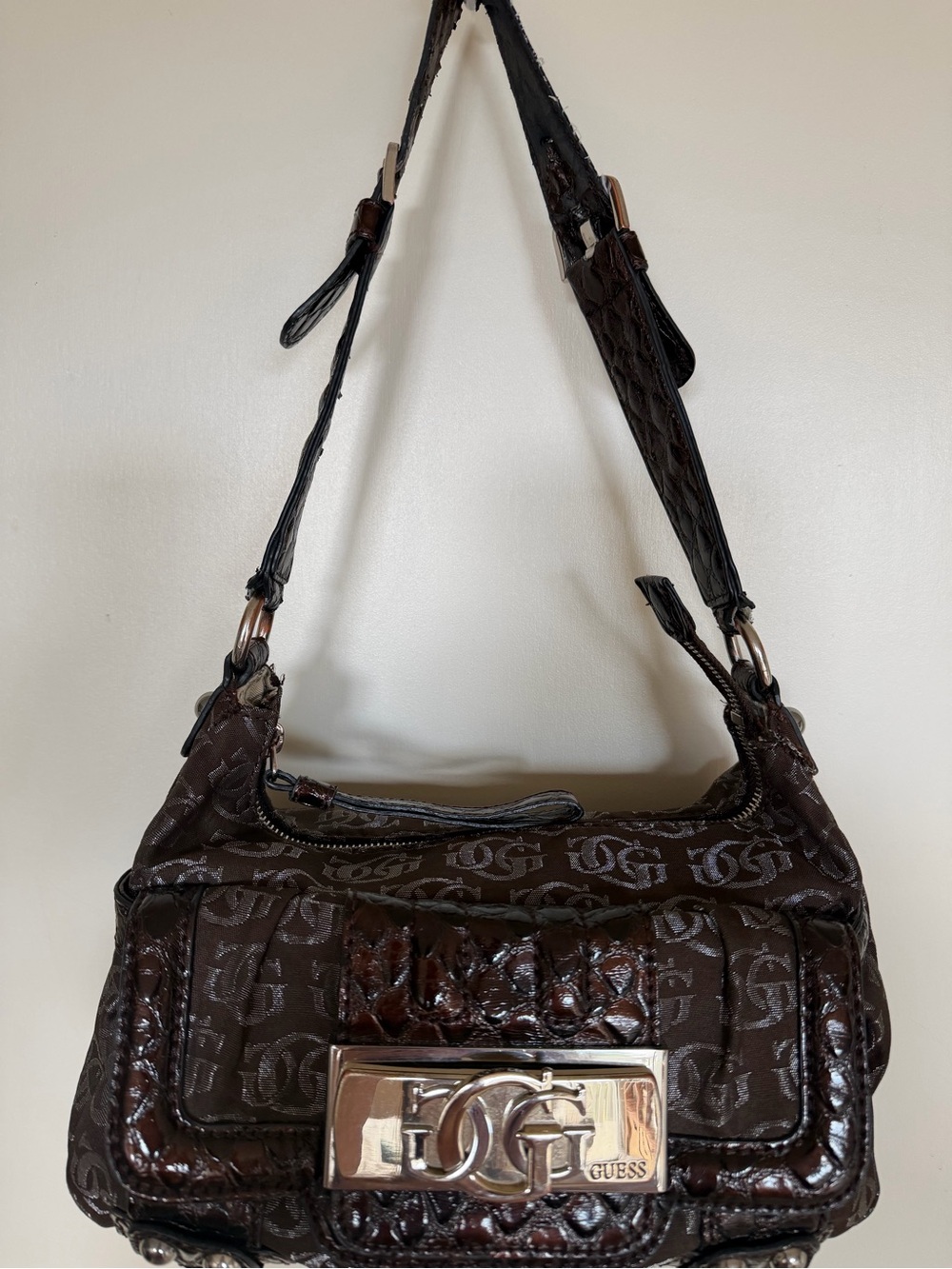 Guess Brown Logo Jacquard Croc Embossed Shoulder Bag